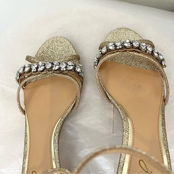 Jewel Badgley Mischka Giona Block Heel Evening Sandals Gold Glitter 8 in box. - Picture 9 of 10